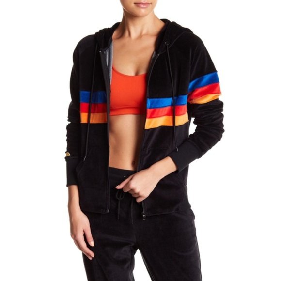 C&C California Velour Stripe Full Zip Black Hoodie - Picture 1 of 2